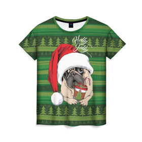 Женская футболка 3D с принтом Holly Jolly в Новосибирске, 100% полиэфир ( синтетическое хлопкоподобное полотно) | прямой крой, круглый вырез горловины, длина до линии бедер | animal | breed | christmas | cozy | dog | family | green | holiday | home | new year | pug | red | tree | white | winter | белый | домашний | ёлки | животное | зеленый | зима | красный | мопс | новый год | порода | праздник | рождество | семейный | собака