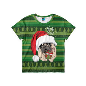 Детская футболка 3D с принтом Holly Jolly в Новосибирске, 100% гипоаллергенный полиэфир | прямой крой, круглый вырез горловины, длина до линии бедер, чуть спущенное плечо, ткань немного тянется | animal | breed | christmas | cozy | dog | family | green | holiday | home | new year | pug | red | tree | white | winter | белый | домашний | ёлки | животное | зеленый | зима | красный | мопс | новый год | порода | праздник | рождество | семейный | собака