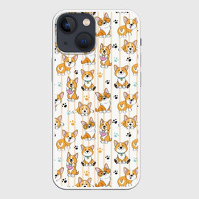 Чехол для iPhone 13 mini с принтом Вельш корги пемброк в Новосибирске,  |  | animal | attractive face | breed | childish | cool | corgi | cute | dog | drawing | funny | paws | red | traces | white | yellow | белый | детский | желтый | животное | забавный | корги | круто | лапы | милый | пёс | порода | рисунок | рыжий | 