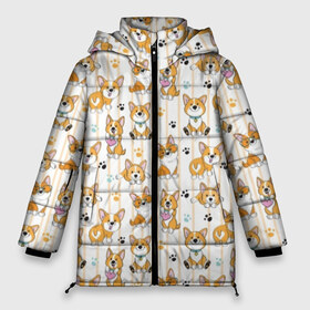 Женская зимняя куртка 3D с принтом Вельш корги пемброк в Новосибирске, верх — 100% полиэстер; подкладка — 100% полиэстер; утеплитель — 100% полиэстер | длина ниже бедра, силуэт Оверсайз. Есть воротник-стойка, отстегивающийся капюшон и ветрозащитная планка. 

Боковые карманы с листочкой на кнопках и внутренний карман на молнии | animal | attractive face | breed | childish | cool | corgi | cute | dog | drawing | funny | paws | red | traces | white | yellow | белый | детский | желтый | животное | забавный | корги | круто | лапы | милый | пёс | порода | рисунок | рыжий | 