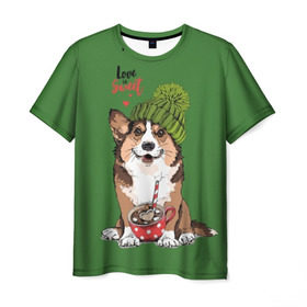 Мужская футболка 3D с принтом Love is sweet в Новосибирске, 100% полиэфир | прямой крой, круглый вырез горловины, длина до линии бедер | animal | breed | brown | corgi | cute | dog | funny | green | hat | heart | slogan | text | white | белый | животное | забавный | зеленый | корги | коричневый | милый | пёс | порода | сердце | слоган | собака | текст | шапка
