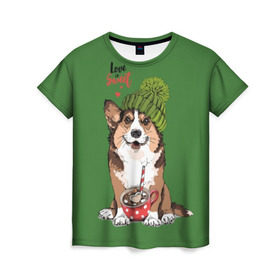 Женская футболка 3D с принтом Love is sweet в Новосибирске, 100% полиэфир ( синтетическое хлопкоподобное полотно) | прямой крой, круглый вырез горловины, длина до линии бедер | animal | breed | brown | corgi | cute | dog | funny | green | hat | heart | slogan | text | white | белый | животное | забавный | зеленый | корги | коричневый | милый | пёс | порода | сердце | слоган | собака | текст | шапка