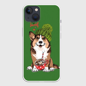 Чехол для iPhone 13 с принтом Love is sweet в Новосибирске,  |  | animal | breed | brown | corgi | cute | dog | funny | green | hat | heart | slogan | text | white | белый | животное | забавный | зеленый | корги | коричневый | милый | пёс | порода | сердце | слоган | собака | текст | шапка