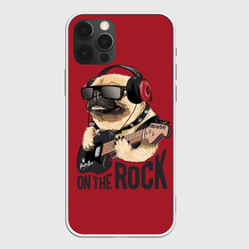 Чехол для iPhone 12 Pro Max с принтом On the rock в Новосибирске, Силикон |  | animal | black | breed | cool | dog | guitar | headphones | motto | music | pug | red | rock | rock star | slogan | text | гитара | девиз | животное | красный | крутой | мопс | музыка | наушники | очки | порода | рок | рок звезда | слоган | соба