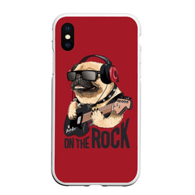 Чехол для iPhone XS Max матовый с принтом On the rock в Новосибирске, Силикон | Область печати: задняя сторона чехла, без боковых панелей | animal | black | breed | cool | dog | guitar | headphones | motto | music | pug | red | rock | rock star | slogan | text | гитара | девиз | животное | красный | крутой | мопс | музыка | наушники | очки | порода | рок | рок звезда | слоган | соба