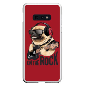 Чехол для Samsung S10E с принтом On the rock в Новосибирске, Силикон | Область печати: задняя сторона чехла, без боковых панелей | animal | black | breed | cool | dog | guitar | headphones | motto | music | pug | red | rock | rock star | slogan | text | гитара | девиз | животное | красный | крутой | мопс | музыка | наушники | очки | порода | рок | рок звезда | слоган | соба