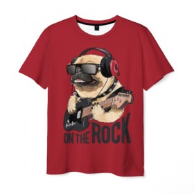 Мужская футболка 3D с принтом On the rock в Новосибирске, 100% полиэфир | прямой крой, круглый вырез горловины, длина до линии бедер | Тематика изображения на принте: animal | black | breed | cool | dog | guitar | headphones | motto | music | pug | red | rock | rock star | slogan | text | гитара | девиз | животное | красный | крутой | мопс | музыка | наушники | очки | порода | рок | рок звезда | слоган | соба