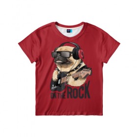 Детская футболка 3D с принтом On the rock в Новосибирске, 100% гипоаллергенный полиэфир | прямой крой, круглый вырез горловины, длина до линии бедер, чуть спущенное плечо, ткань немного тянется | animal | black | breed | cool | dog | guitar | headphones | motto | music | pug | red | rock | rock star | slogan | text | гитара | девиз | животное | красный | крутой | мопс | музыка | наушники | очки | порода | рок | рок звезда | слоган | соба