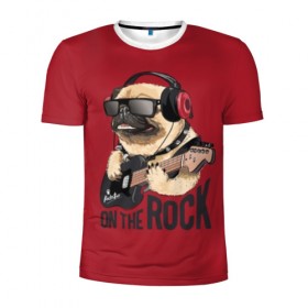 Мужская футболка 3D спортивная с принтом On the rock в Новосибирске, 100% полиэстер с улучшенными характеристиками | приталенный силуэт, круглая горловина, широкие плечи, сужается к линии бедра | animal | black | breed | cool | dog | guitar | headphones | motto | music | pug | red | rock | rock star | slogan | text | гитара | девиз | животное | красный | крутой | мопс | музыка | наушники | очки | порода | рок | рок звезда | слоган | соба