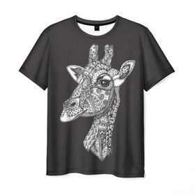 Мужская футболка 3D с принтом Жираф в Новосибирске, 100% полиэфир | прямой крой, круглый вырез горловины, длина до линии бедер | Тематика изображения на принте: animal | black | drawing | ethnic | eyes | giraffe | look | muzzle | pattern | safari | white | zendudl | белый | взгляд | глаза | животное | жираф | зендудл | рисунок | сафари | узор | черный | этнический