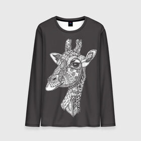 Мужской лонгслив 3D с принтом Жираф в Новосибирске, 100% полиэстер | длинные рукава, круглый вырез горловины, полуприлегающий силуэт | Тематика изображения на принте: animal | black | drawing | ethnic | eyes | giraffe | look | muzzle | pattern | safari | white | zendudl | белый | взгляд | глаза | животное | жираф | зендудл | рисунок | сафари | узор | черный | этнический