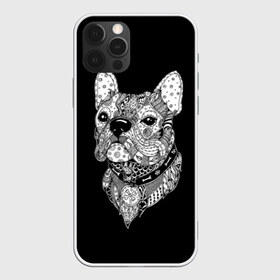 Чехол для iPhone 12 Pro Max с принтом Бульдог в Новосибирске, Силикон |  | animal | black | bone | breed | bulldog | collar | dog | drawing | ethnic | eyes | look | muzzle | pattern | white | zendudl | белый | бульдог | взгляд | глаза | животное | зендудл | кость | ошейник | пёс | порода | рисунок | собака | узор | черны