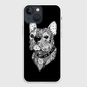 Чехол для iPhone 13 mini с принтом Бульдог в Новосибирске,  |  | animal | black | bone | breed | bulldog | collar | dog | drawing | ethnic | eyes | look | muzzle | pattern | white | zendudl | белый | бульдог | взгляд | глаза | животное | зендудл | кость | ошейник | пёс | порода | рисунок | собака | узор | черны