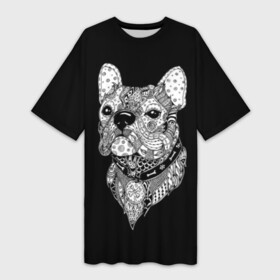 Платье-футболка 3D с принтом Бульдог в Новосибирске,  |  | animal | black | bone | breed | bulldog | collar | dog | drawing | ethnic | eyes | look | muzzle | pattern | white | zendudl | белый | бульдог | взгляд | глаза | животное | зендудл | кость | ошейник | пёс | порода | рисунок | собака | узор | черны