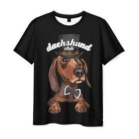 Мужская футболка 3D с принтом Такса в цилиндре в Новосибирске, 100% полиэфир | прямой крой, круглый вырез горловины, длина до линии бедер | animal | black | bowtie | breed | brown | cool | cylinder | dachshund | dog | gentleman | muzzle | white | белый | галстук  бабочка | джентльмен | животное | коричневый | порода | прикольный | собака | такса | цилиндр | черный