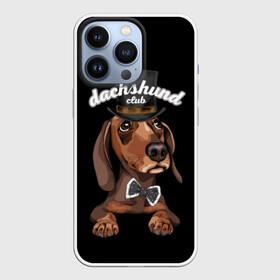 Чехол для iPhone 13 Pro с принтом Такса в цилиндре в Новосибирске,  |  | animal | black | bowtie | breed | brown | cool | cylinder | dachshund | dog | gentleman | muzzle | white | белый | галстук  бабочка | джентльмен | животное | коричневый | порода | прикольный | собака | такса | цилиндр | черный