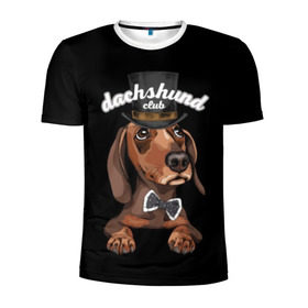 Мужская футболка 3D спортивная с принтом Такса в цилиндре в Новосибирске, 100% полиэстер с улучшенными характеристиками | приталенный силуэт, круглая горловина, широкие плечи, сужается к линии бедра | Тематика изображения на принте: animal | black | bowtie | breed | brown | cool | cylinder | dachshund | dog | gentleman | muzzle | white | белый | галстук  бабочка | джентльмен | животное | коричневый | порода | прикольный | собака | такса | цилиндр | черный
