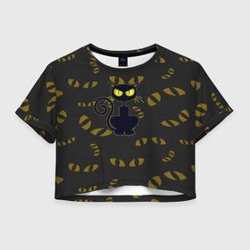 Женская футболка Cropp-top с принтом Смотрящий кот в Новосибирске, 100% полиэстер | круглая горловина, длина футболки до линии талии, рукава с отворотами | 3d | абстракция | анимация | глаза | желтые | смотрящий  кот | черный