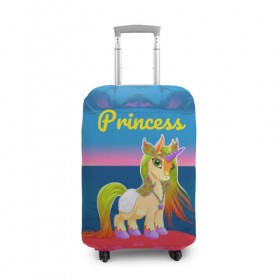 Чехол для чемодана 3D с принтом Единорог принцессы в Новосибирске, 86% полиэфир, 14% спандекс | двустороннее нанесение принта, прорези для ручек и колес | pony | грива | девочка | единорог | конь | копыта | красивая | лошадка | лошадь | милая | пони | природа закат | радуга