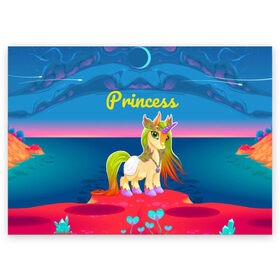 Поздравительная открытка с принтом Единорог принцессы в Новосибирске, 100% бумага | плотность бумаги 280 г/м2, матовая, на обратной стороне линовка и место для марки
 | Тематика изображения на принте: pony | грива | девочка | единорог | конь | копыта | красивая | лошадка | лошадь | милая | пони | природа закат | радуга
