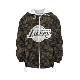 Детская куртка 3D с принтом Los Angeles Lakers Camo в Новосибирске, 100% полиэстер | застежка — молния, подол и капюшон оформлены резинкой с фиксаторами, по бокам — два кармана без застежек, один потайной карман на груди, плотность верхнего слоя — 90 г/м2; плотность флисового подклада — 260 г/м2 | Тематика изображения на принте: camo | lakers | los angeles lakers | nba | баскетбол | камуфляж | лос анджелес лейкерс | нба | спорт | хаки