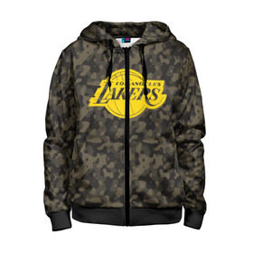 Детская толстовка 3D на молнии с принтом Los Angeles Lakers Camo Gold в Новосибирске, 100% полиэстер |  манжеты и пояс оформлены широкой мягкой резинкой, двухслойный капюшон со шнурком для регулировки, спереди карманы и застежка-молния
 | Тематика изображения на принте: 