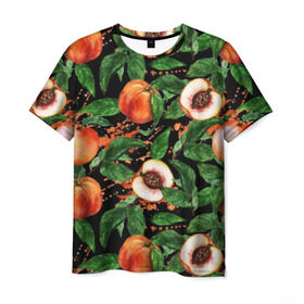 Мужская футболка 3D с принтом Персики в Новосибирске, 100% полиэфир | прямой крой, круглый вырез горловины, длина до линии бедер | Тематика изображения на принте: аромат | зелень | лето | листья | персик | плоды | сад | сочный | спелый | фрукты | цветы