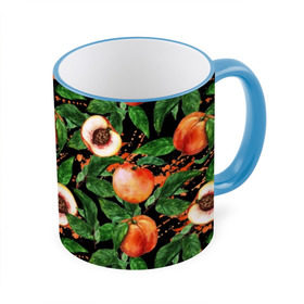 Кружка с принтом Персики в Новосибирске, керамика | ёмкость 330 мл | аромат | зелень | лето | листья | персик | плоды | сад | сочный | спелый | фрукты | цветы