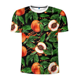 Мужская футболка 3D спортивная с принтом Персики в Новосибирске, 100% полиэстер с улучшенными характеристиками | приталенный силуэт, круглая горловина, широкие плечи, сужается к линии бедра | аромат | зелень | лето | листья | персик | плоды | сад | сочный | спелый | фрукты | цветы