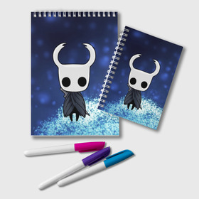 Блокнот с принтом Рыцарь - HOLLOW KNIGHT в Новосибирске, 100% бумага | 48 листов, плотность листов — 60 г/м2, плотность картонной обложки — 250 г/м2. Листы скреплены удобной пружинной спиралью. Цвет линий — светло-серый
 | Тематика изображения на принте: game | games | ghosts | godmaster | hollow | hornet | knight | metroidvania | silksong | zote | гримм | зот | игра | игры | квиррел | найт | песня | полый | призраки | пустой | рыцарь | силксонг | холлоу | хорнет | шелк