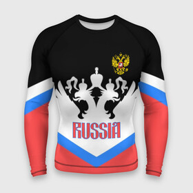 Мужской рашгард 3D с принтом HOCKEY RUSSIA в Новосибирске,  |  | hockey | russia | sport | герб | надписи | россия | сборная хоккея | символика | спорт | спортсмен | триколор | форма | хоккей | чемпионат | я русский