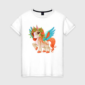 Женская футболка хлопок с принтом Принцесса единорог в Новосибирске, 100% хлопок | прямой крой, круглый вырез горловины, длина до линии бедер, слегка спущенное плечо | pony | грива | девочка | единорог | конь | копыта | красивая | лошадка | лошадь | милая | пони | природа закат | радуга
