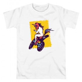 Мужская футболка хлопок с принтом Мотоциклист Единорог в Новосибирске, 100% хлопок | прямой крой, круглый вырез горловины, длина до линии бедер, слегка спущенное плечо. | Тематика изображения на принте: unicorn | единорог | мотоцикл