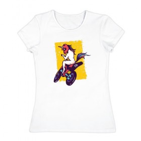 Женская футболка хлопок с принтом Мотоциклист Единорог в Новосибирске, 100% хлопок | прямой крой, круглый вырез горловины, длина до линии бедер, слегка спущенное плечо | unicorn | единорог | мотоцикл