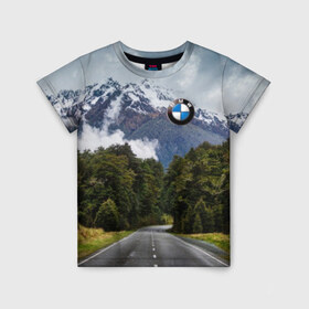 Детская футболка 3D с принтом BMW в Новосибирске, 100% гипоаллергенный полиэфир | прямой крой, круглый вырез горловины, длина до линии бедер, чуть спущенное плечо, ткань немного тянется | asphalt | bmw | clouds | forest | mountains | nature | road | route | sky | snow | top | асфальт | бмв | вершина | горы | дорога | лес | небо | облака | природа | снег | трасса