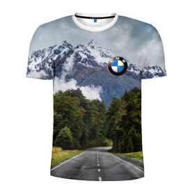 Мужская футболка 3D спортивная с принтом BMW в Новосибирске, 100% полиэстер с улучшенными характеристиками | приталенный силуэт, круглая горловина, широкие плечи, сужается к линии бедра | asphalt | bmw | clouds | forest | mountains | nature | road | route | sky | snow | top | асфальт | бмв | вершина | горы | дорога | лес | небо | облака | природа | снег | трасса