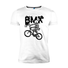 Мужская футболка премиум с принтом BMX в Новосибирске, 92% хлопок, 8% лайкра | приталенный силуэт, круглый вырез ворота, длина до линии бедра, короткий рукав | bike | bmx | bones | extreme | skeleton | skull | sport | велосипед | скелет | спорт | череп | экстрим