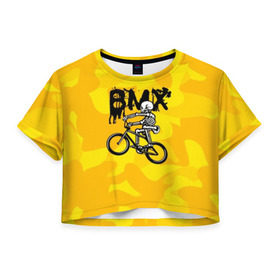 Женская футболка Cropp-top с принтом BMX в Новосибирске, 100% полиэстер | круглая горловина, длина футболки до линии талии, рукава с отворотами | bike | bmx | bones | extreme | skeleton | skull | sport | велосипед | скелет | спорт | череп | экстрим