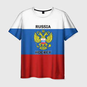 Мужская футболка 3D с принтом ХОККЕЙ в Новосибирске, 100% полиэфир | прямой крой, круглый вырез горловины, длина до линии бедер | hockey | russia | sport | герб | надписи | россия | сборная хоккея | символика | спорт | спортсмен | триколор | флаг россии | форма | хоккей | хоккей россии | чемпионат | я русский
