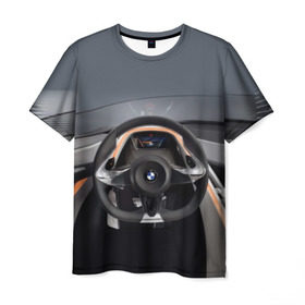 Мужская футболка 3D с принтом BMW в Новосибирске, 100% полиэфир | прямой крой, круглый вырез горловины, длина до линии бедер | bmw | car | car interior | steering | windshield | автомобиль | бмв | лобовое стекло | руль | салон