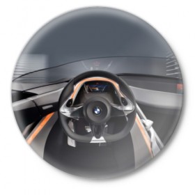 Значок с принтом BMW в Новосибирске,  металл | круглая форма, металлическая застежка в виде булавки | bmw | car | car interior | steering | windshield | автомобиль | бмв | лобовое стекло | руль | салон