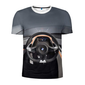 Мужская футболка 3D спортивная с принтом BMW в Новосибирске, 100% полиэстер с улучшенными характеристиками | приталенный силуэт, круглая горловина, широкие плечи, сужается к линии бедра | Тематика изображения на принте: bmw | car | car interior | steering | windshield | автомобиль | бмв | лобовое стекло | руль | салон