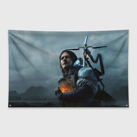 Флаг-баннер с принтом Сэм - DEATH STRANDING в Новосибирске, 100% полиэстер | размер 67 х 109 см, плотность ткани — 95 г/м2; по краям флага есть четыре люверса для крепления | cliff | death | game | games | hideo | kojima | logo | mads | mikkelsen | norman | porter | reedus | sam | stranding | дес | игра | игры | клифф | кодзима | лого | миккельсен | портер | ридус | стрендинг | сэм | хидео