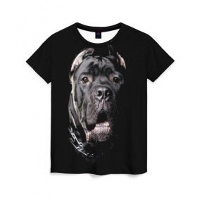 Женская футболка 3D с принтом Мастиф в Новосибирске, 100% полиэфир ( синтетическое хлопкоподобное полотно) | прямой крой, круглый вырез горловины, длина до линии бедер | animal | black | collar | dog | friend | look | man | muzzle | взгляд | друг | животное | мастиф | ошейник | пёс | собака | человека | черный