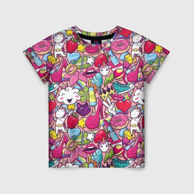 Детская футболка 3D с принтом Девчачьи радости в Новосибирске, 100% гипоаллергенный полиэфир | прямой крой, круглый вырез горловины, длина до линии бедер, чуть спущенное плечо, ткань немного тянется | cat | clou | crown | flower | funny | graffiti | heart | kitten | lips | lollipop | shoes | sneakers | strawberry | unicorn | граффити | губы | единорог | звезда | кеды | клубника | корона | кот | котёнок | леденец | мороженое | облако | обувь | помада | 