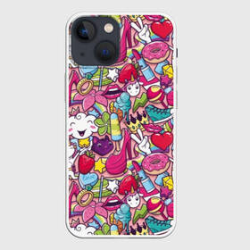 Чехол для iPhone 13 mini с принтом Девчачьи радости в Новосибирске,  |  | cat | clou | crown | flower | funny | graffiti | heart | kitten | lips | lollipop | shoes | sneakers | strawberry | unicorn | граффити | губы | единорог | звезда | кеды | клубника | корона | кот | котёнок | леденец | мороженое | облако | обувь | помада | 