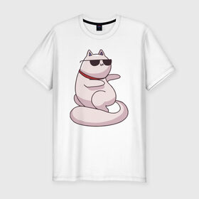Мужская футболка премиум с принтом Крутой кот в Новосибирске, 92% хлопок, 8% лайкра | приталенный силуэт, круглый вырез ворота, длина до линии бедра, короткий рукав | кот | котики | котяра | кошка | милый | паттерн | прикольный | пушистик | рыжий | смешной
