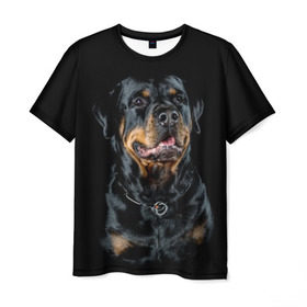 Мужская футболка 3D с принтом Ротвейлер в Новосибирске, 100% полиэфир | прямой крой, круглый вырез горловины, длина до линии бедер | animal | black | breed | collar | dog | friend | glance | gloss | man | muzzle | rottweiler | взгляд | друг | животное | лоск | ошейник | пёс | порода | ротвейлер | собака | человека | черный