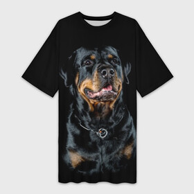 Платье-футболка 3D с принтом Ротвейлер в Новосибирске,  |  | animal | black | breed | collar | dog | friend | glance | gloss | man | muzzle | rottweiler | взгляд | друг | животное | лоск | ошейник | пёс | порода | ротвейлер | собака | человека | черный