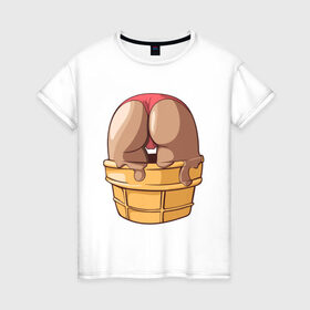 Женская футболка хлопок с принтом Eat me в Новосибирске, 100% хлопок | прямой крой, круглый вырез горловины, длина до линии бедер, слегка спущенное плечо | eat me | арт | жара | лето | мода | мороженое | плавки | психоделика | стаканчик | стринги | съешь меня